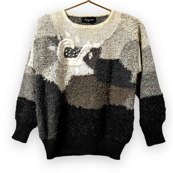 Vintage 80s Angenie Wool Blend Sweater Cream Gray Mixed Media Women’s Size Small - Picture 1 of 16